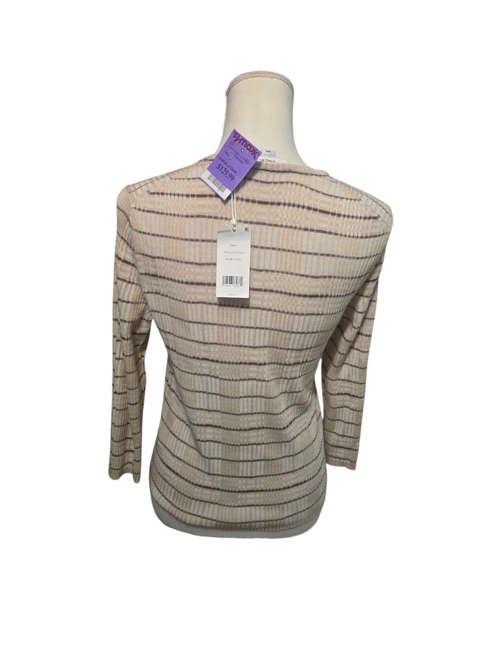 Vince Cream Ribbed Quarter-Sleeve Crewneck Top with Brown Stripes - Picture 4 of 7